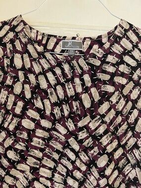 JM Collection Abstract Pleated Blouse in Burgundy, Beige & Black